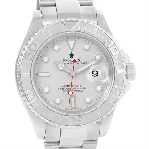 This image shows a front view of the Rolex Yacht-Master 16622 Men's Stainless Steel Silver Dial 16622 Men's Stainless Steel Silver Dial showing its face, bezel, and part of the bracelet.