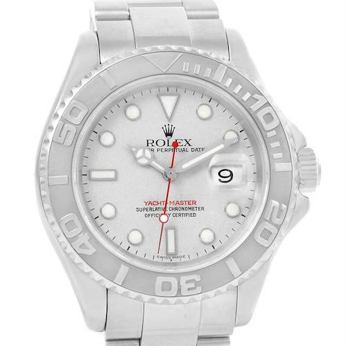 This image shows a frontal view of a Rolex Yacht-Master 16622 Men's Stainless Steel Silver Dial 16622 Men's Stainless Steel Silver Dial watch, highlighting the face, bezel, hands, and bracelet.