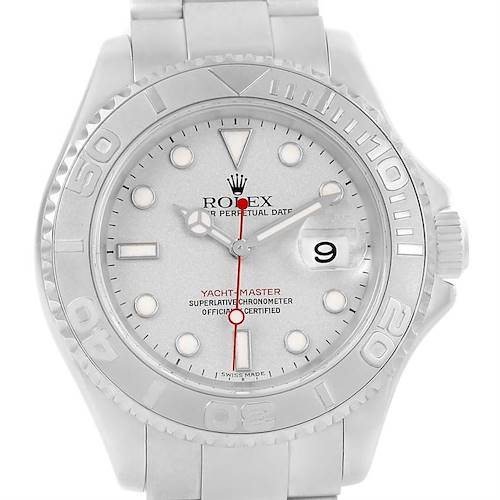 The image shows a front view of a Rolex Yacht-Master 16622 Men's Stainless Steel Silver Dial 16622 Men's Stainless Steel Silver Dial watch featuring the dial, bezel, hands, and part of the bracelet.