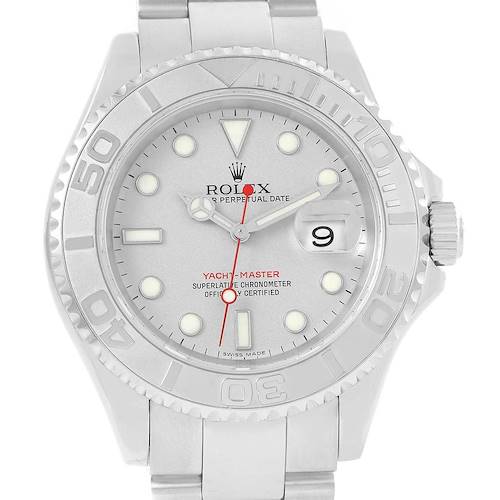 The image shows a front view of a Rolex Yacht-Master 16622 Men's Stainless Steel Silver Dial 16622 Men's Stainless Steel Silver Dial watch display, highlighting the dial, hands, bezel, and bracelet.