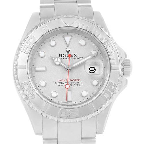 The Rolex Yacht-Master 16622 Men's Stainless Steel Silver Dial 16622 Men's Stainless Steel Silver Dial watch is shown from a front angle, displaying the dial, bezel, and part of the bracelet.