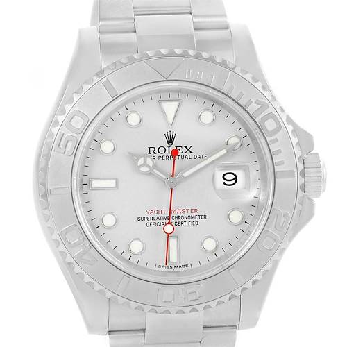 The image shows a frontal view of the Rolex Yacht-Master 116622 Men's Stainless Steel Silver Dial 116622 Men's Stainless Steel Silver Dial watch, displaying the face, bezel, and part of the bracelet.