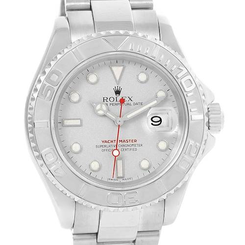 The image shows a full, front view of a Rolex Yacht-Master 16622 Men's Stainless Steel Silver Dial 16622 Men's Stainless Steel Silver Dial watch, highlighting the face, bezel, and part of the bracelet.