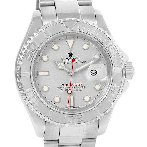 The image shows a front view of the Rolex Yacht-Master 16622 Men's Stainless Steel Silver Dial 16622 Men's Stainless Steel Silver Dial watch, featuring its face, bezel, and part of the bracelet.