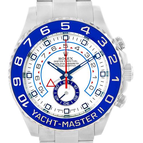 The image shows the Rolex Yacht-Master 116680 Men's Stainless Steel White Dial 116680 Men's Stainless Steel White Dial II watch from a front angle, highlighting its dial, bezel, and part of the bracelet.