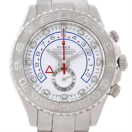 This image shows a front view of the Rolex Yacht-Master 116689 Men's White Gold White Dial 116689 Men's White Gold White Dial watch, featuring its dial, hands, bezel, and band.