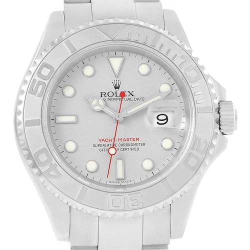 The image shows a front view of the Rolex Yacht-Master 16622 Men's Stainless Steel Silver Dial 16622 Men's Stainless Steel Silver Dial watch, highlighting the dial, bezel, crown, and bracelet.