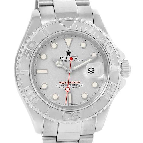 The image displays a front view of the Rolex Yacht-Master 16622 Men's Stainless Steel Silver Dial 16622 Men's Stainless Steel Silver Dial watch, showcasing its dial, hands, date window, bezel, and part of the bracelet.