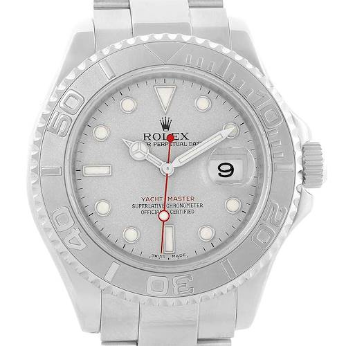 The image shows a front view of a Rolex Yacht-Master 16622 Men's Stainless Steel Silver Dial 16622 Men's Stainless Steel Silver Dial watch, highlighting its face, bezel, and part of the bracelet.