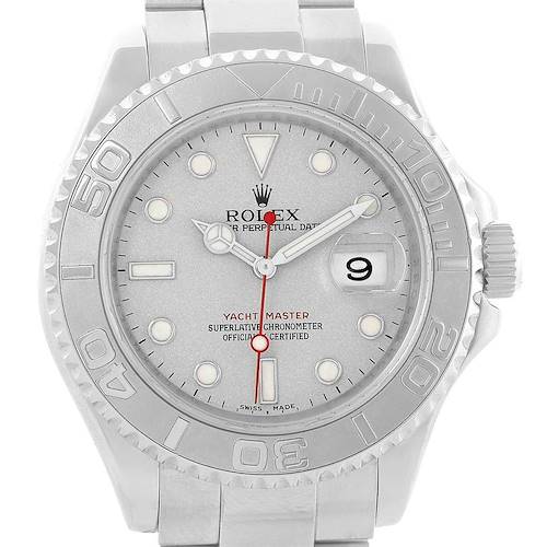 This image shows a front view of a Rolex Yacht-Master 16622 Men's Stainless Steel Silver Dial 16622 Men's Stainless Steel Silver Dial watch, highlighting the dial, hands, bezel, and part of the bracelet.