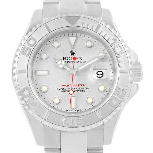 This image shows the front view of the Rolex Yacht-Master 16622 Men's Stainless Steel Silver Dial 16622 Men's Stainless Steel Silver Dial watch, highlighting the dial, bezel, hands, and date window.