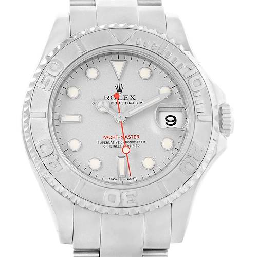 The Rolex Yacht-Master 168622 Men's Stainless Steel Silver Dial 168622 Men's Stainless Steel Silver Dial watch is shown from a front angle, displaying the bezel, dial, hands, and bracelet.