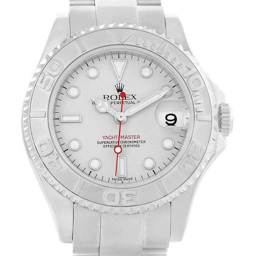This image shows a front view of a Rolex Yacht-Master 168622 Men's Stainless Steel Silver Dial 168622 Men's Stainless Steel Silver Dial watch, displaying the dial, bezel, crown, and part of the bracelet.