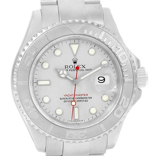 The image shows a Rolex Yacht-Master 16622 Men's Stainless Steel Silver Dial 16622 Men's Stainless Steel Silver Dial watch face, bezel, and part of the bracelet, viewed from the front.
