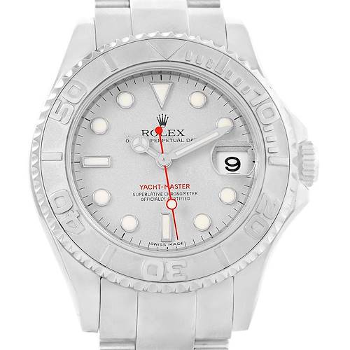 The image shows a front view of the Rolex Yacht-Master 168622 Men's Stainless Steel Silver Dial 168622 Men's Stainless Steel Silver Dial watch, displaying its dial, bezel, crown, and part of the bracelet.