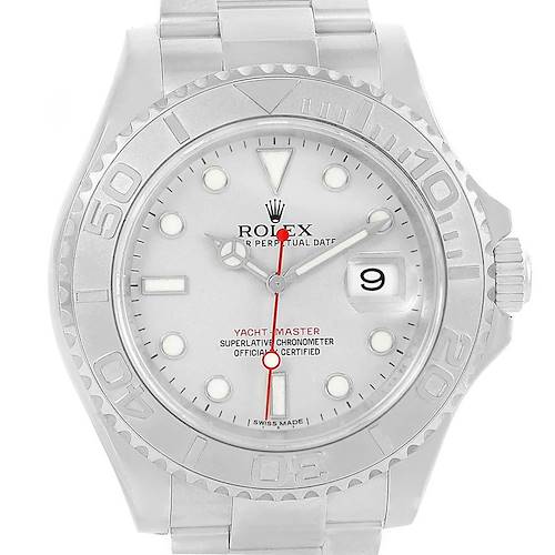 The image shows a front view of the Rolex Yacht-Master 116622 Men's Stainless Steel Silver Dial 116622 Men's Stainless Steel Silver Dial, displaying the dial, bezel, and part of the bracelet.