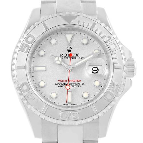 The image shows a front view of a Rolex Yacht-Master 16622 Men's Stainless Steel Silver Dial 16622 Men's Stainless Steel Silver Dial watch, highlighting its face, dial, hands, bezel, and bracelet.