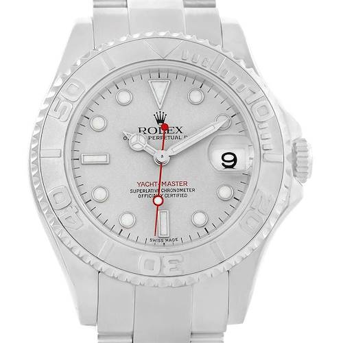 This image shows a frontal view of the Rolex Yacht-Master 168622 Men's Stainless Steel Silver Dial 168622 Men's Stainless Steel Silver Dial watch, highlighting the dial, bezel, hands, and date window.