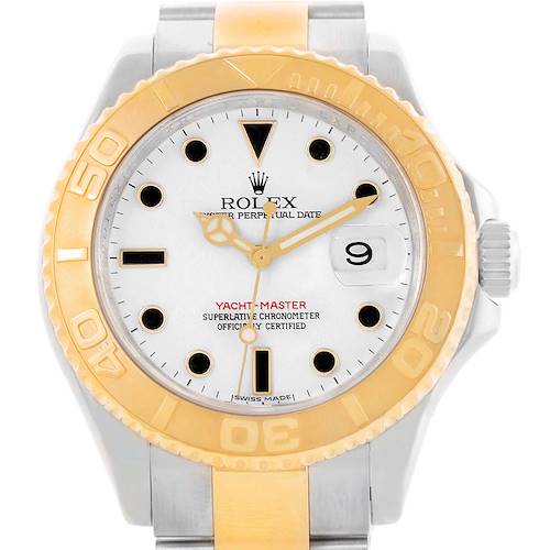 The image shows a front view of a Rolex Yacht-Master 16623 Men's Stainless Steel White Dial 16623 Men's Stainless Steel White Dial watch, highlighting its dial, bezel, and part of the bracelet.