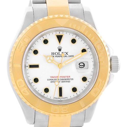 The image shows a frontal view of the Rolex Yacht-Master 16623 Men's Stainless Steel White Dial 16623 Men's Stainless Steel White Dial watch, highlighting its gold bezel, dial, and date indicator.