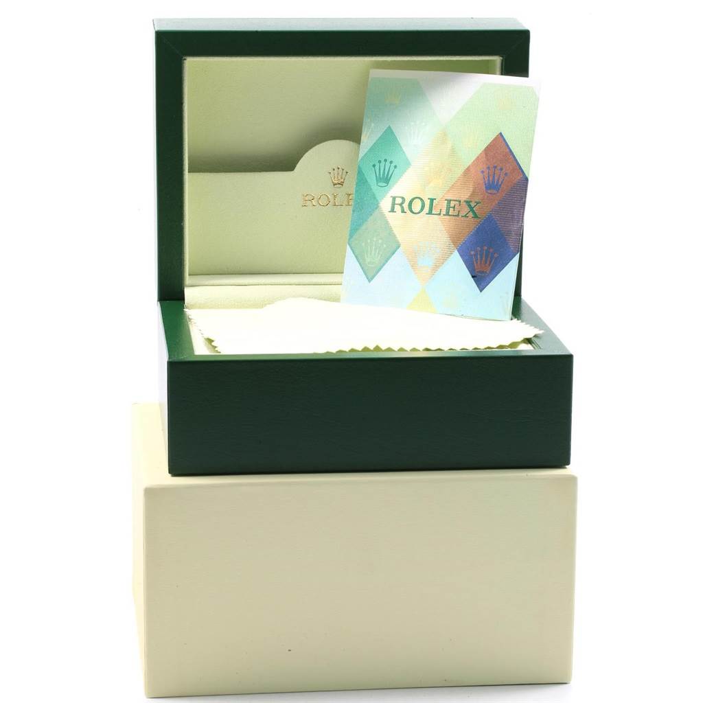 The image shows an open box of the Rolex Yacht-Master 16623 Men's Stainless Steel White Dial 16623 Men's Stainless Steel White Dial watch, with the inner packaging and an informational card visible.