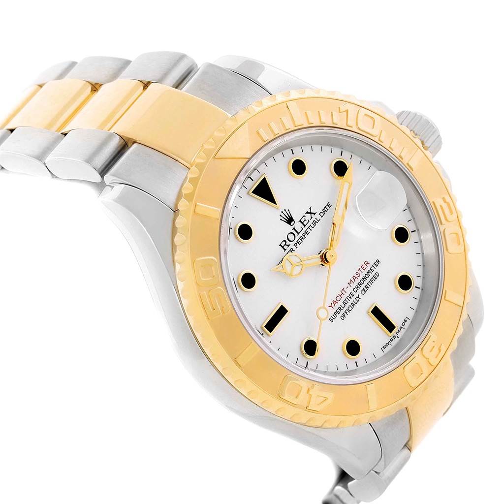 The image shows a side view of a Rolex Yacht-Master 16623 Men's Stainless Steel White Dial 16623 Men's Stainless Steel White Dial watch, highlighting its two-tone bracelet, bezel, crown, and dial.