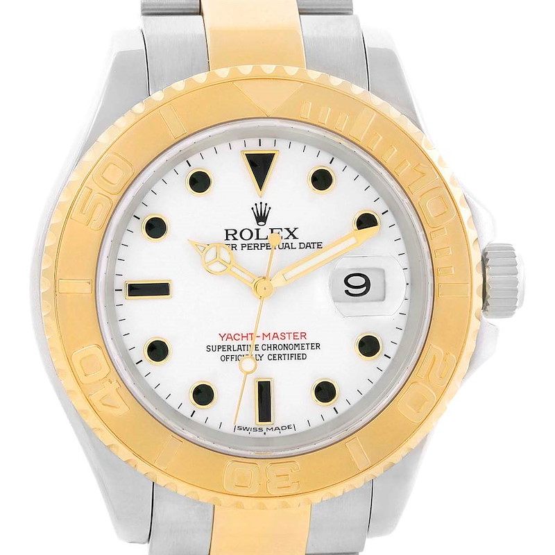 The image shows a front view of a Rolex Yacht-Master 16623 Men's Stainless Steel White Dial 16623 Men's Stainless Steel White Dial watch, highlighting its two-tone bezel, dial, and bracelet.