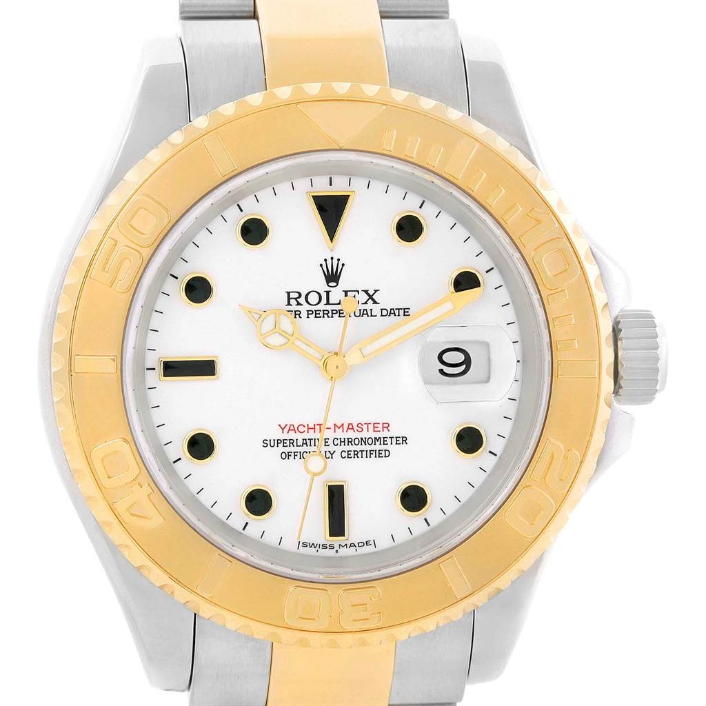 The image shows a front view of a Rolex Yacht-Master 16623 Men's Stainless Steel White Dial 16623 Men's Stainless Steel White Dial watch, highlighting its two-tone bezel, dial, and bracelet.