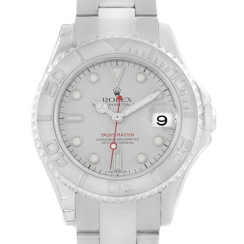 The image shows a front view of the Rolex Yacht-Master 168622 Men's Stainless Steel Silver Dial 168622 Men's Stainless Steel Silver Dial watch, displaying the dial, bezel, crown, and part of the bracelet.