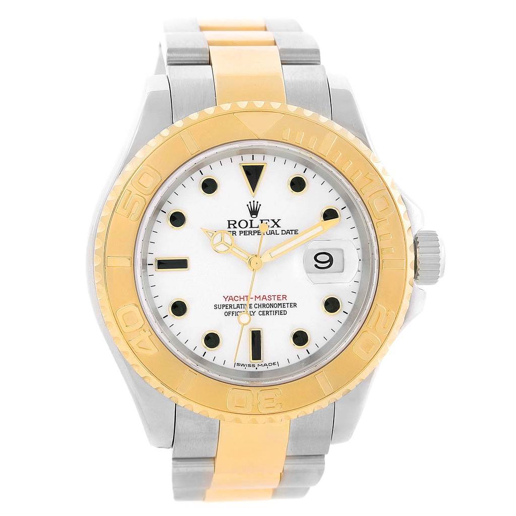 This image shows a front view of a Rolex Yacht-Master 16623 Men's Stainless Steel White Dial 16623 Men's Stainless Steel White Dial watch, highlighting the dial, bezel, and part of the bracelet.
