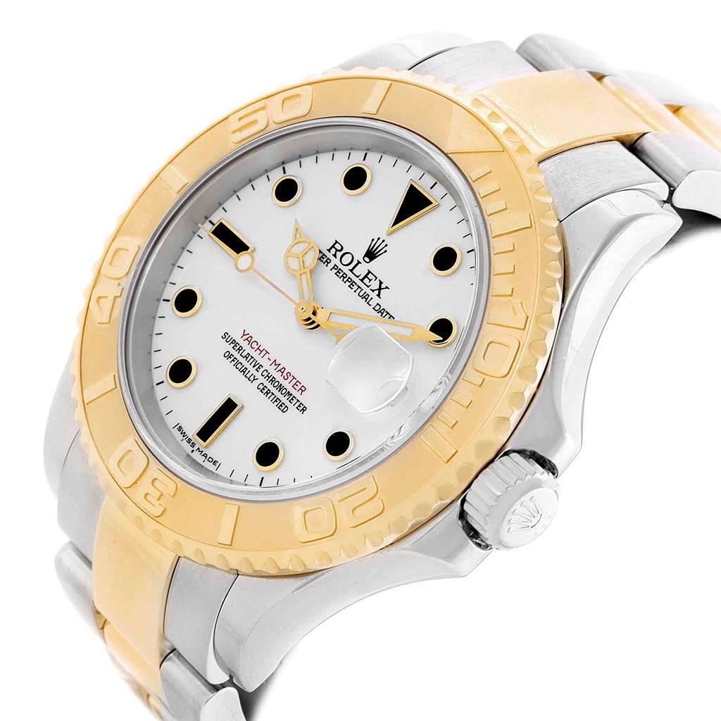 The image shows a close-up angle of the Rolex Yacht-Master 16623 Men's Stainless Steel White Dial 16623 Men's Stainless Steel White Dial watch, highlighting its bezel, dial, and part of the bracelet.