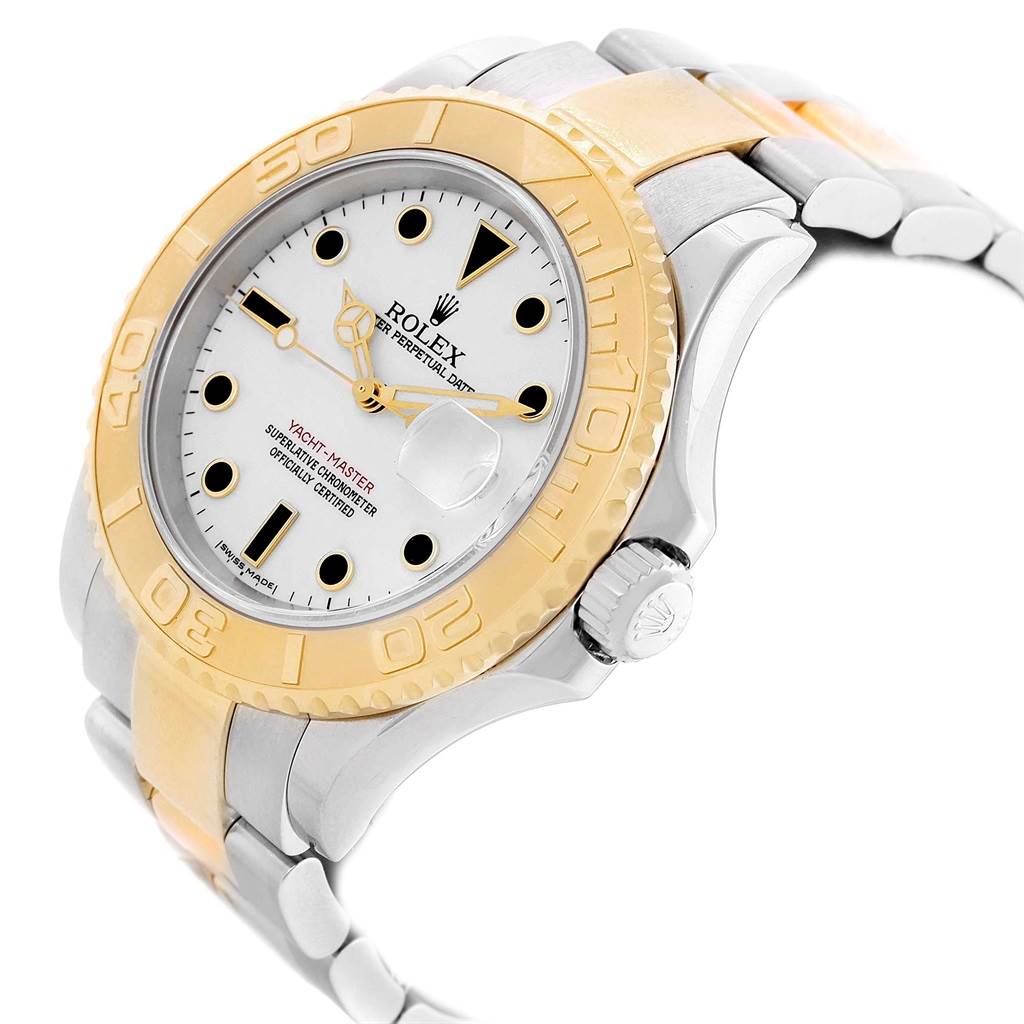 This Rolex Yacht-Master 16623 Men's Stainless Steel White Dial 16623 Men's Stainless Steel White Dial watch is shown at a slight angle displaying the face, bezel, crown, and part of the bracelet.
