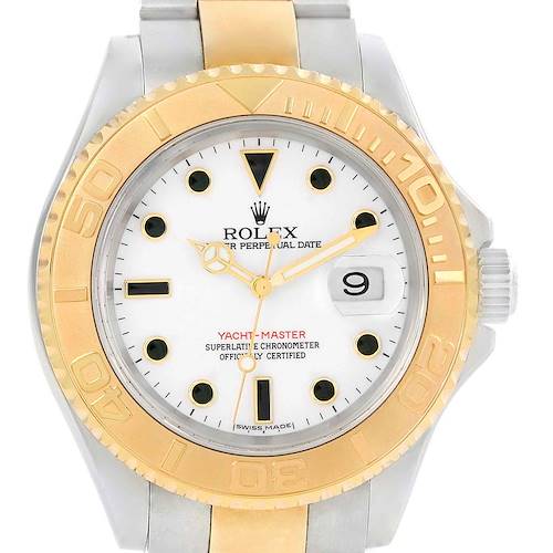 The image shows a front view of a Rolex Yacht-Master 16623 Men's Stainless Steel White Dial 16623 Men's Stainless Steel White Dial watch, highlighting the bezel, dial, hands, and bracelet.