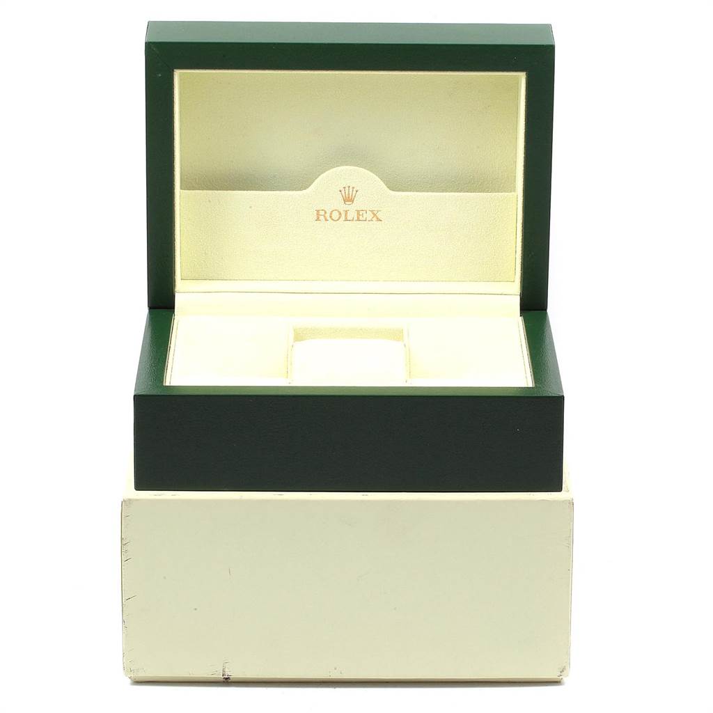 The image shows an open green and cream Rolex Yacht-Master 168622 Men's Stainless Steel Silver Dial 168622 Men's Stainless Steel Silver Dial watch box from a front angle.