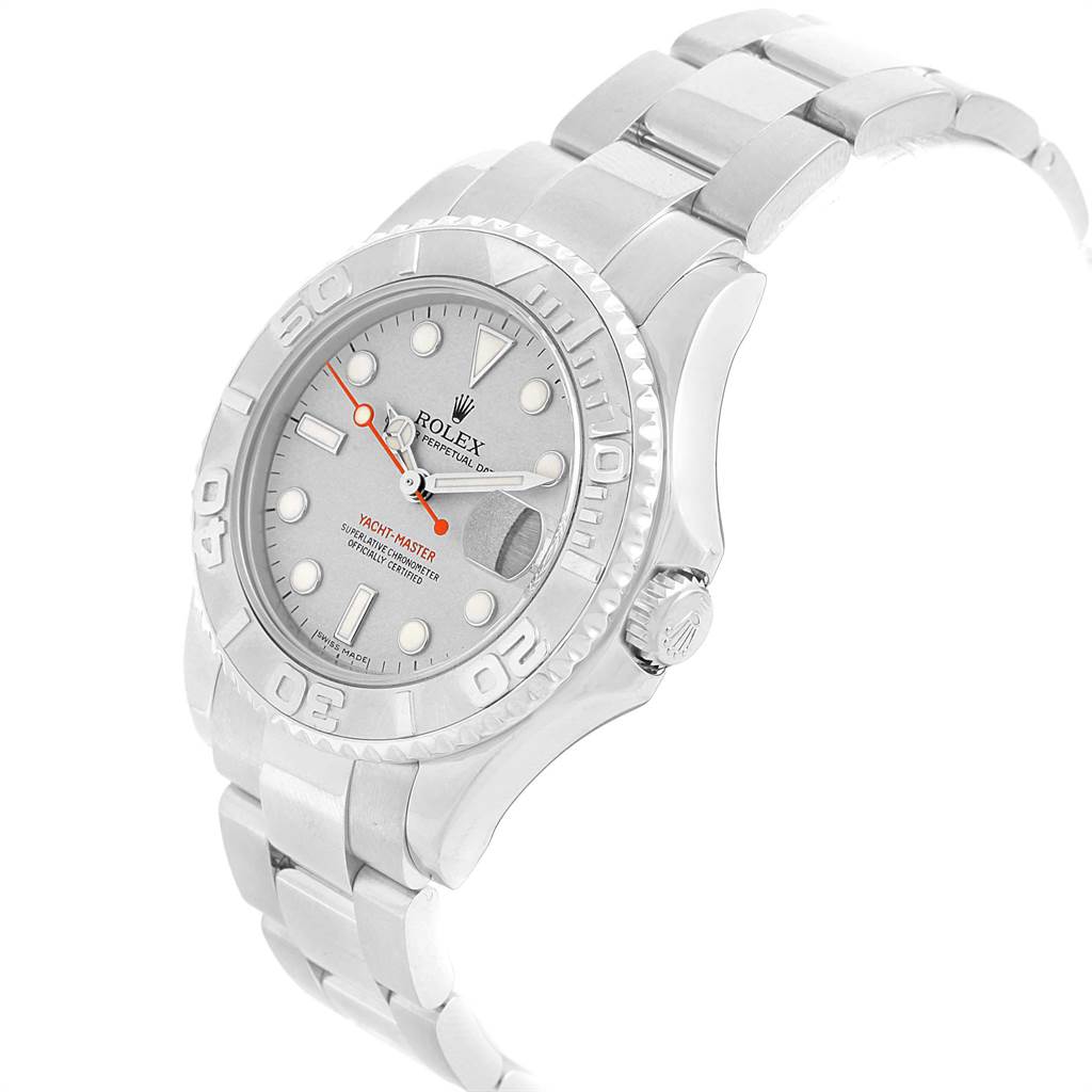 This image shows a Rolex Yacht-Master 168622 Men's Stainless Steel Silver Dial 168622 Men's Stainless Steel Silver Dial watch at an angled view, highlighting the dial, bezel, bracelet, and crown.