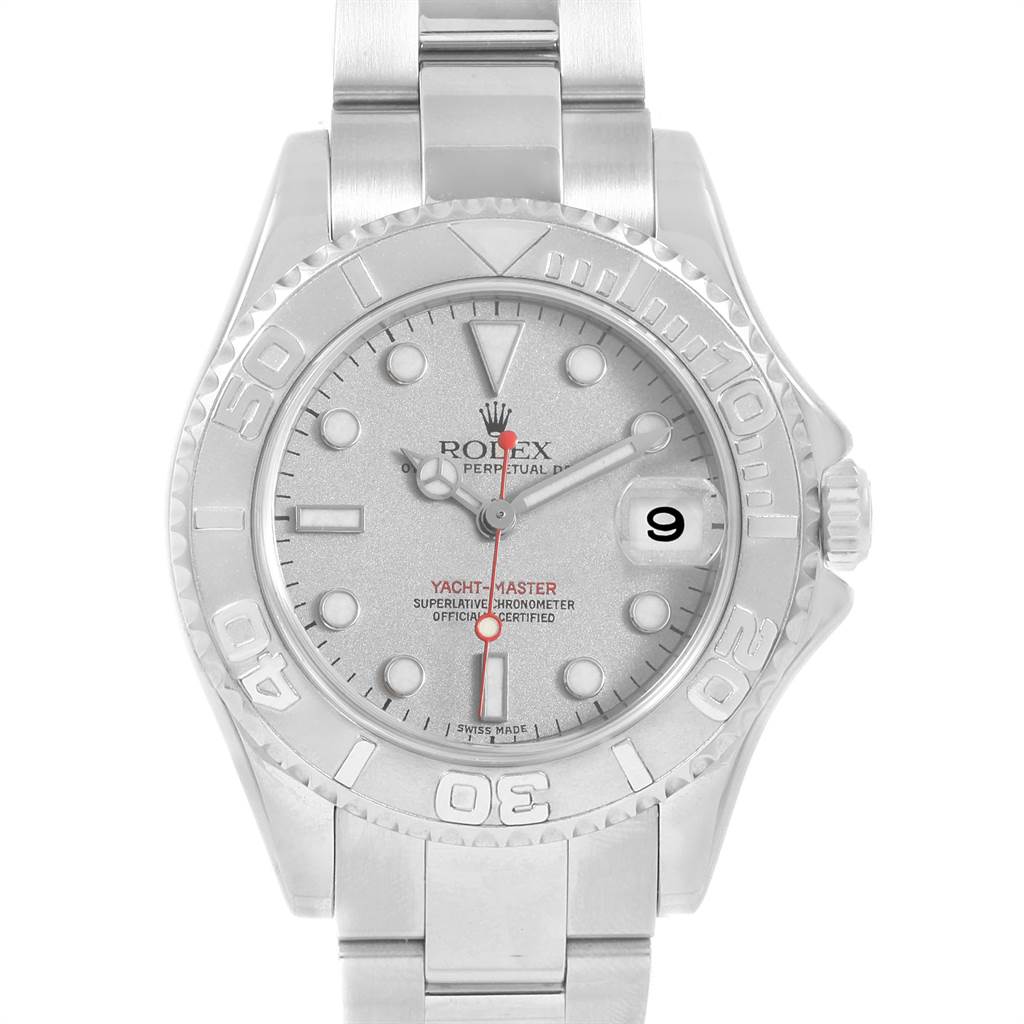 The image shows a frontal view of a Rolex Yacht-Master 168622 Men's Stainless Steel Silver Dial 168622 Men's Stainless Steel Silver Dial watch, highlighting its dial, bezel, and part of the bracelet.