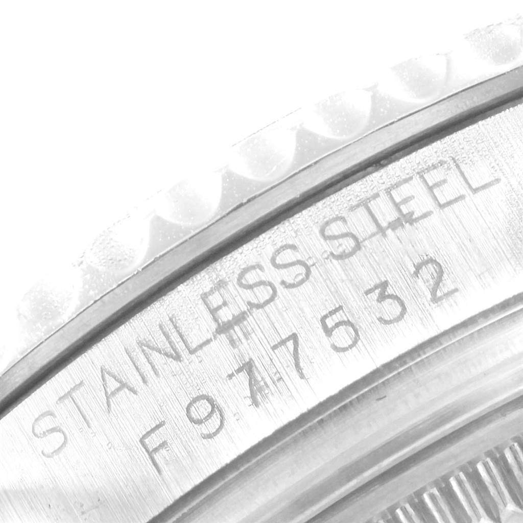 This image shows a close-up of the stainless steel back and serial number of a Rolex Yacht-Master 168622 Men's Stainless Steel Silver Dial 168622 Men's Stainless Steel Silver Dial watch.