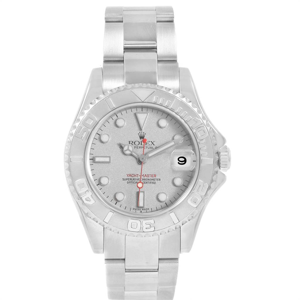 This image shows a front view of a Rolex Yacht-Master 168622 Men's Stainless Steel Silver Dial 168622 Men's Stainless Steel Silver Dial watch, displaying the dial, bezel, bracelet, and crown.