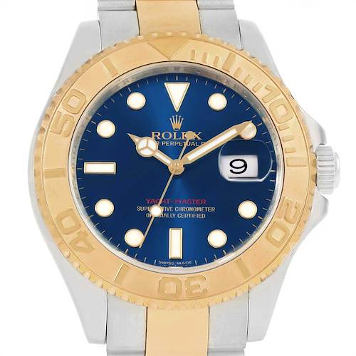 The image shows the face, bezel, and part of the bracelet of a Rolex Yacht-Master 16623 Men's Stainless Steel Blue Dial 16623 Men's Stainless Steel Blue Dial watch.