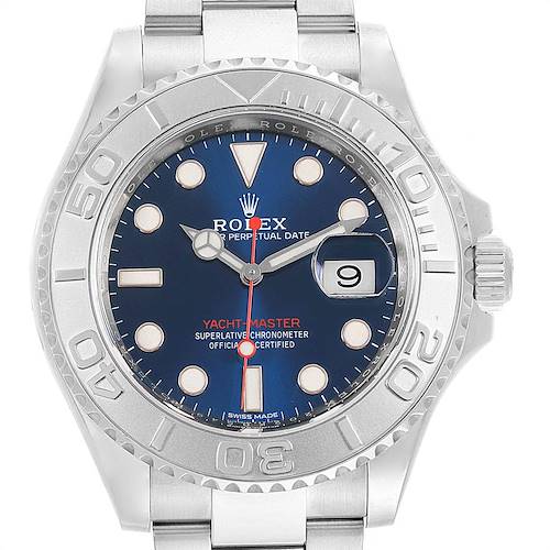 This Rolex Yacht-Master 116622 Men's Stainless Steel Blue Dial 116622 Men's Stainless Steel Blue Dial watch is shown from a front angle, highlighting the dial, bezel, and bracelet.