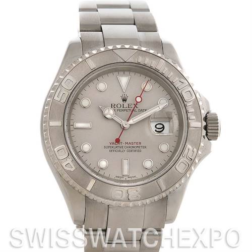 Front view of a Rolex Yacht-Master 16622 Men's Stainless Steel Silver Dial 16622 Men's Stainless Steel Silver Dial watch showing the dial, bezel, hands, date, and bracelet.