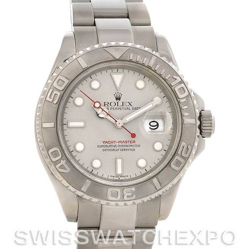 This image shows a front view of a Rolex Yacht-Master 16622 Men's Stainless Steel Silver Dial 16622 Men's Stainless Steel Silver Dial watch, displaying its dial, bezel, hands, and bracelet.