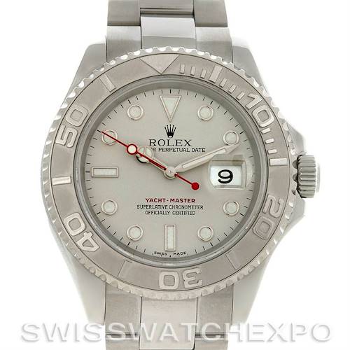 This image shows a front view of a Rolex Yacht-Master 16622 Men's Stainless Steel Silver Dial 16622 Men's Stainless Steel Silver Dial watch, highlighting the dial, bezel, bracelet, and crown.