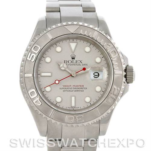 Front view of the Rolex Yacht-Master 16622 Men's Stainless Steel Silver Dial 16622 Men's Stainless Steel Silver Dial watch showing the dial, bezel, crown, and part of the bracelet.