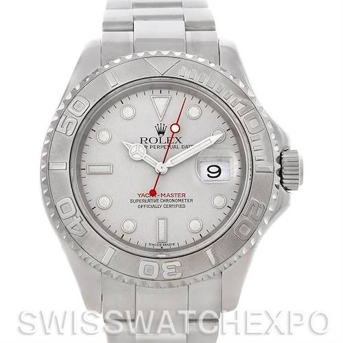 This image shows a frontal view of the Rolex Yacht-Master 16622 Men's Stainless Steel Silver Dial 16622 Men's Stainless Steel Silver Dial watch, highlighting the dial, bezel, and bracelet.