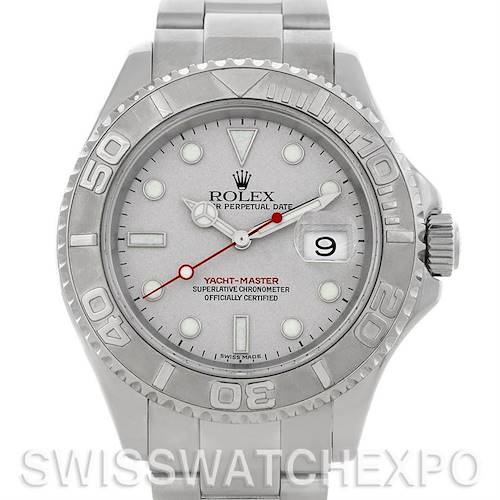 This is a front view of a Rolex Yacht-Master 16622 Men's Stainless Steel Silver Dial 16622 Men's Stainless Steel Silver Dial watch, displaying the face, bezel, and bracelet.