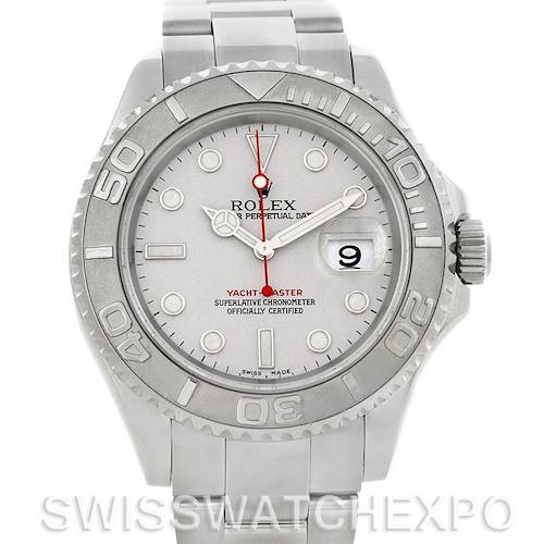 This image shows a front view of the Rolex Yacht-Master 16622 Men's Stainless Steel Silver Dial 16622 Men's Stainless Steel Silver Dial watch, highlighting the dial, bezel, hands, and bracelet.