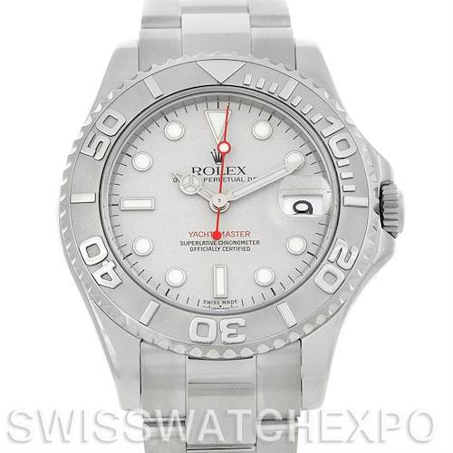 The image shows a front view of the Rolex Yacht-Master 168622 Stainless Steel Silver Dial 168622 Stainless Steel Silver Dial watch, displaying the face, bezel, and part of the bracelet.