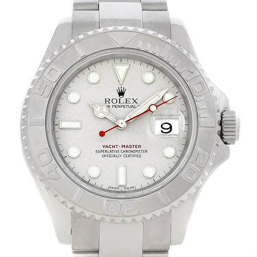 The Rolex Yacht-Master 16622 Men's Stainless Steel Silver Dial 16622 Men's Stainless Steel Silver Dial watch is shown from a front angle, displaying its dial, bezel, and part of the bracelet.