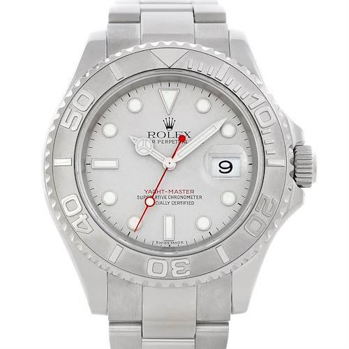 This image shows a front view of the Rolex Yacht-Master 16622 Men's Stainless Steel Silver Dial 16622 Men's Stainless Steel Silver Dial watch, highlighting its dial, bezel, and bracelet.